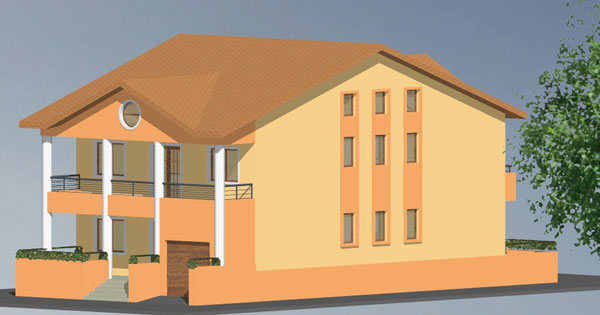 Proiect Arhitectura locuinte individuale Casa  parter si etaj amplasata pe teren ingust perspectiva laterala 
